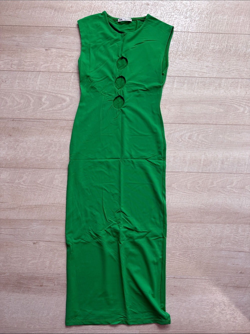Zara Emerald Green Sleeveless Midi Dress with Front Cutout Rings